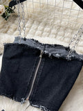 Yipinpay Streetwear Cool Y2K Sexy Denim Suits Women Strap Short Tank Top+ Split Bodycon Skirt Fashion Hotsweet Two Pieces Sets
