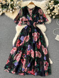 Yipinpay 2024 Print Chiffon Dress Summer V Neck Elastic Sheath Long Temperament Butterfly Sleeve Fashion Floral Beach Dress