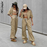 yipinpay Wide Leg Pants Women Trousers Streetwear Y2K Clothes Loose Drawstring Pockets Cargo Pants Straight High Waist Trousers