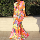 Yipinpay Women Chic All Over Print with Floral Pattern Crop Half Long Sleeves Folds Fungus Sexy Maxi Skirt Sets