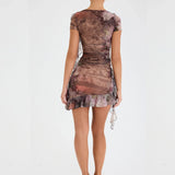 Yipinpay Women Summer 2 Pieces y2k Outfits Print Short Sleeve Mesh T-Shirts Crop Tops Ruffles Wrapped Hip Short Skirts Set