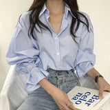 Yipinpay Feminina Shirts for Women Long Sleeve Top Simple Loose Blue Striped Shirt Casual Wild Ropa Mujer Blouses Women's Spring