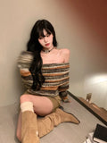 Yipinpay Clothes Sweet Spicy Off Shoulder Colorful Striped Sweater Women's Spring Retro Rainbow Slim Fit Knitted Top Sueters Mujer