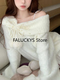 Yipinpay Winter Korean Women Knitted Sweaters Off Shoulder Pearl Long Sleeves Sweet Pullovers Female Fashion Lazy Style Knitwear