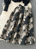 Yipinpay Ladies Retro Sweater Suits Fashion Lantern Sleeve Loose Pullovers+ A Line Long Skirts Print Knitted Two Pieces Sets