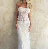 Yipinpay Fashion Womens 2 Piece Summer Outfits Strapless Drawstring Lace Tube Tops + Long Skirt Set Club Street Style Hot Sale S M L