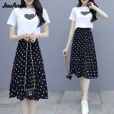 Yipinpay Summer New Short-sleeved T-shirt Chiffon Polka Dot Skirt Two-piece Set Women's All-match White Top Black Midi Skirts Suit