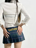 Yipinpay Plaid Mini Skirt Women Summer Low Waist 2000s Y2k Embroidered A-line Pleated Micro Skirt Gyaru Girl Sexy Preppy Style