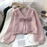 Yipinpay Elegant Cardigan Women Bow Bandage V Neck Autumn Single Breasted Sweet Cropped Sweater Outwear Loose Ladies