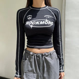 Yipinpay Streetwear Black Slim Y2k Crop Top Women Aesthetic Letter Print Round Neck Long Sleeve T-Shirts Graphic Grunge Clothes