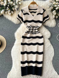 Yipinpay Short Sleeves Striped Long Dress Lapel Neck Hollow Out Slim Bodycon Sundress Fashion Hotsweet Knitted Beach Midi Dress