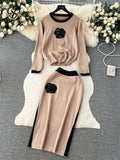 Yipinpay Floral Design Knitted Suits O Neck Loose Pullover+Midi Bodycon Skirt Korean Style Women Autumn Casual Sweater Sets