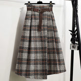 Yipinpay Vintage Designer Long Skirt Women Y2k Knee Length Tartan Plaid Maxi Skirts Casual Fashion Elegant High Waist A-line Skirt