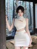 Yipinpay Women Two-piece Set French Pure Desire Sweet Spicy Hollow Sleeveless Backless Short Top Female Hollow Wrap Hip Slim Skirts