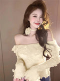 Yipinpay Hot Girl Flare Sleeved Sweater Women's Autumn and Winter Off Shoulder Slash Neck Knitted Pullover Fashion Female Clothes