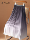 Yipinpay Women Y2K Gradient Midi Skirt Casual Luxury Elegant Korean High Waisted Pleated Skirts Girls Chic Long A-line Faldas