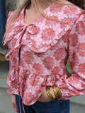 Yipinpay Floral Printing Peter Pan Doll Collar Shirts For Women 2024 Summer Long Sleeve Lace Up Blouse Female Street Lady Chic Tops