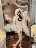 Yipinpay Winter Elegant Bodycon Y2k Mini Dress Woman Hooded Pure Color Short Party Dress Casual Long Sleeve Knitted Dress Korea Chic
