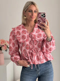 Yipinpay Floral Printing Peter Pan Doll Collar Shirts For Women 2024 Summer Long Sleeve Lace Up Blouse Female Street Lady Chic Tops