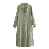 Yipinpay 2024 Women Rolled Up Sleeve Linen Shirt Dress Vintage Lapel Collar Female Casual Loose Long Dresses