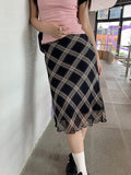 Yipinpay Vintage 90s Plaid Skirt Women Summer 2023 Korean Style Casual Mesh Print High Waist Slim Midi Skirt Girl Y2k Streetwear