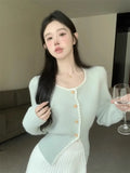 Yipinpay Elegant Sweater Women Square Collar Autumn Winter Sweet Knitted Cardigan Solid Split Outwear Female Fashion Top
