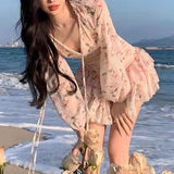 Yipinpay Women's Suit 2Pcs Summer Outfits Skirt Sets Long Sleeve Deep V Neck Floral Crop Tops + Mini Skirt Set Women's Clothes Fall 2023