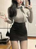 Yipinpay Spring Sweet 2 Piece Set Office Lady Casual Outwear Mini Skirt Women Evening Party Slim Y2k Blouse Korean Fashion Chic