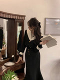 Yipinpay Black 2 Piece Dress Set Office Lady Long Sleeve Short Blazers + Elegant Slim Midi Skirt Woman Korean Suit 2023 Autumn