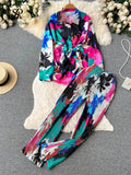 Yipinpay Female Fashion Print Two Pieces Suits Bow Bandage Long Sleeve Tops+Casual Wide Leg Pants Streetwear Autumn Retro Sets