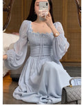 Yipinpay Midi Dress For Women Summer Vintage French Corset Ruched Bodycon Long Lantern Sleeve Evening Robe Female Slim Vestidos