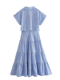 Yipinpay Embroidery Long Dresses For Women Cut Out Blue Shirt Dress Woman Ruffle Summer Dress Woman 2023 Short Sleeve Casual Dresses