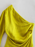 Yipinpay Asymmetrical Long Dress Women Yellow Satin Dress Woman One Shoulder Elegant Party Dresses 2023 Ruched Midi Summer Dresses