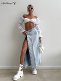 Yipinpay Sexy High Waist Denim Button Skirts Women Streetwear Ankle-Length Split Skirts Summer 2023 Cotton Blue Jeans Skirts