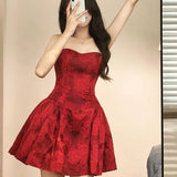 Yipinpay Hot Girl Red Strapless Printed Dress for Women's Summer Slim Fit Sexy Floral A-line Short Dress Fashion Female Clothes