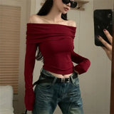 Yipinpay Tops Off Shoulder Long Sleeve Crop Top Women's Autumn/Winter 2024 New Spicy Girl Slim Fit Short Red T-shirt