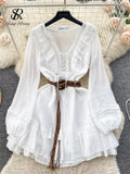 Yipinpay 2024 Spring Holiday Beach Dress Ladies V Neck Sashes Sweet Midi Lace Up Korean Ins Ruffles White Vintage Party Dress