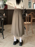 Yipinpay Long Pleated Skirt Women Vintage Korean Fashion Solid High Waist A-line Midi Skirt School Girl Elegant Casual Autumn