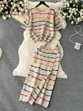 Yipinpay Summer Knit Casual Two Pieces Sets Women Loose Short Camisole+ Skinny Long Dress Retro Stripe Hollow Out Design Suit
