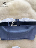 Yipinpay Fashion American Retro Y2K Sexy Denim Suits Women Strapless Mini Top+ Pleated Mini Skirt Vintage Beach Two Pieces Set