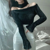 Yipinpay Shirts for Women Pullover Jumper Sueter Mujer Slash Neck Off Shoulder Sexy Pink Sweaters Sweet Crop Korean Fashion Tops