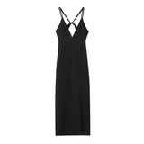 Yipinpay New Women Double Spaghetti Straps Black Midi Sexy Dress Front Slit V Neck Backless Female Party Vestidos
