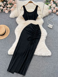 Yipinpay Split Sexy Fashion Two Pieces Suits Summer Mini Camis+Elastic Drawstring Slim Midi Long Skirt Sets Women Solid Suits