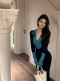 Yipinpay Knitted Dresses Women French Style V Neck Autumn Winter Basic Contrast Slim Stretch Elegant Dress Ladies Fashion