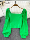 Yipinpay Puff Sleeve Square Collar Shirts Women Elegant Sexy Ruched Korean Female Blouses Streetwear Y2K Harajuku Blusas Tops