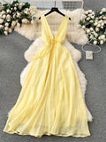 Yipinpay French Gentle Holiday Long Dress Summer Deep V-Neck Bandage A-Line Design Female Solid Sleeveless Party Sexy Sundress