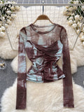 Yipinpay Europe Long sleeved Mesh Sheer T-shirt Fashion Skinny Temperament Office Lady Blouse O Neck Pleated Tie Dye Print Top