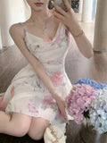 Yipinpay Sexy Dresses Women Floral Printed Swinging Collar French Style Chic Summer Elegant Sweet Dress Ladies Backless Vintage