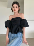 Yipinpay Puff Short Sleeve Crop Tops Slash Neck Strapless Blouse Blusas De Mujer Pleated Ruffled Shirts Off Shoulder Blouses Slim