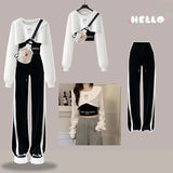 Yipinpay Spring Autumn Women's Tracksuit Set Korean Fashion Short Long-sleeved Sweater+Vest+Casual Wide Leg Pants Three-piece Suit